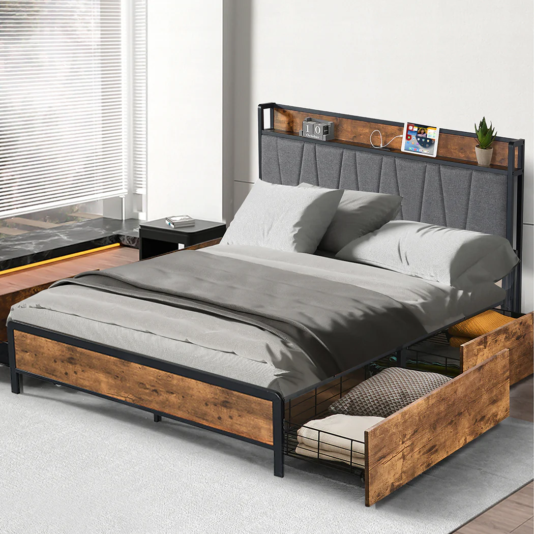 Eras Bed Frame Soft Storage Drawers Headboard USB Charge - Wood & Black Queen - Nurns