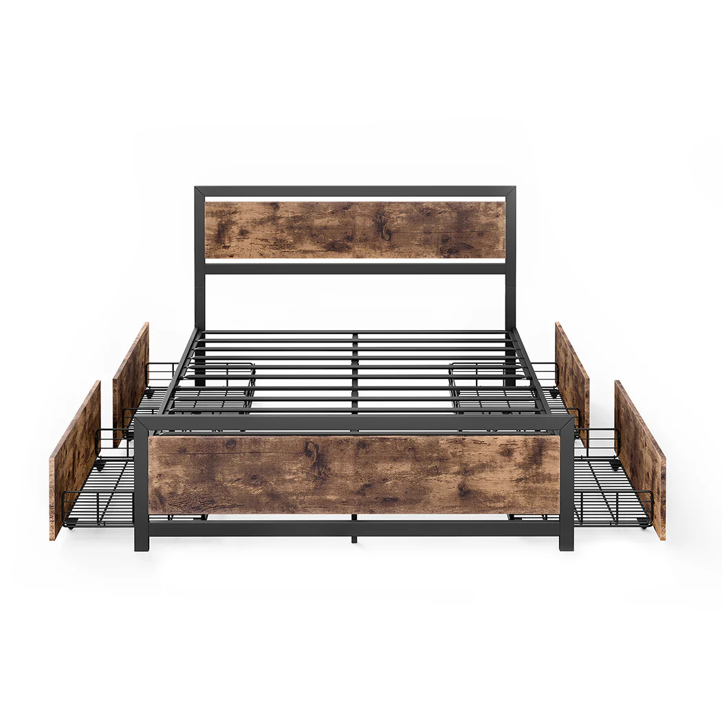 Ruth Metal Bed Frame Platform Wooden with 4 Drawers Rustic - Black & Wood Double - Nurns