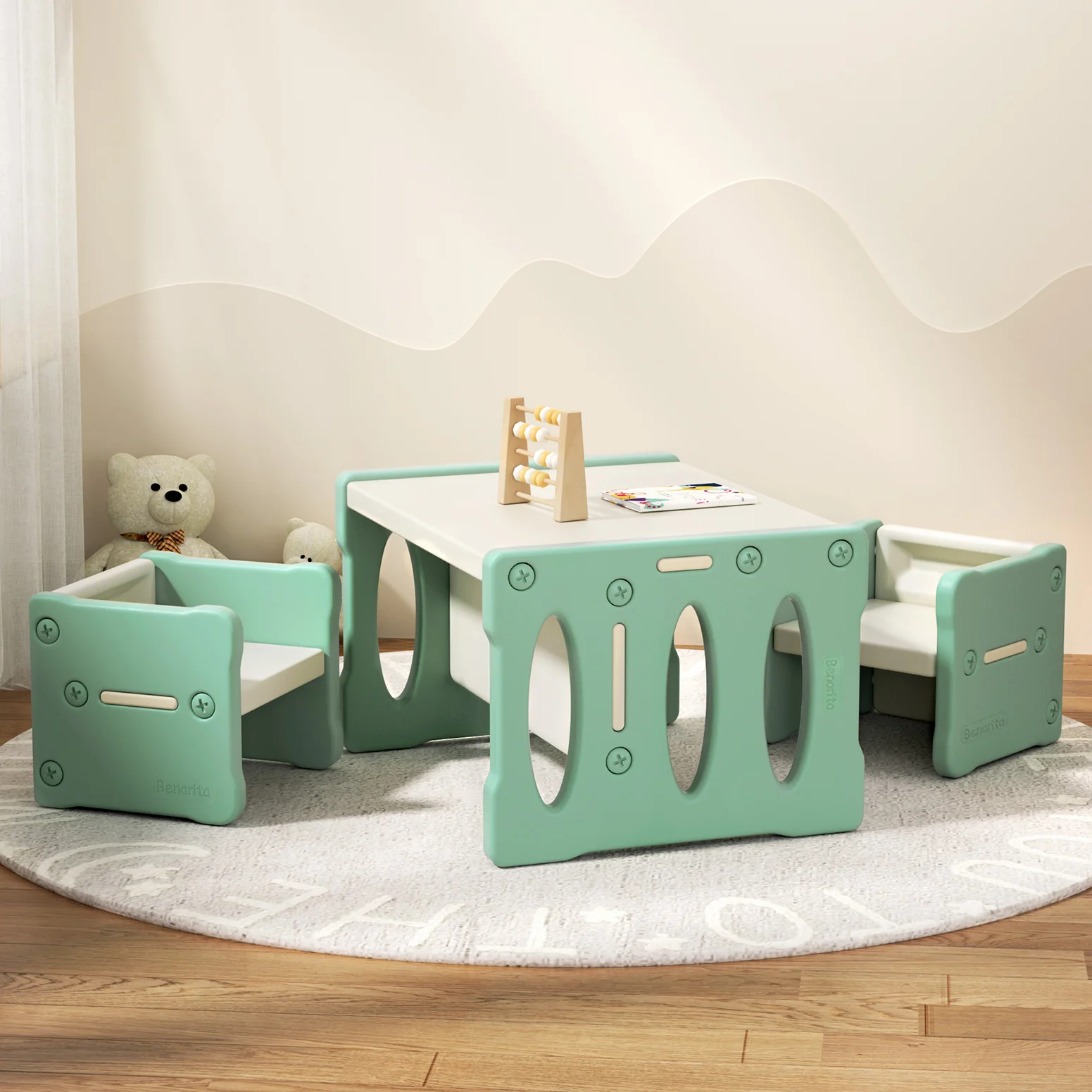 Pora 3-Piece Kids Table & Chairs Set Kids Table and Chairs Set - Green - Nurns