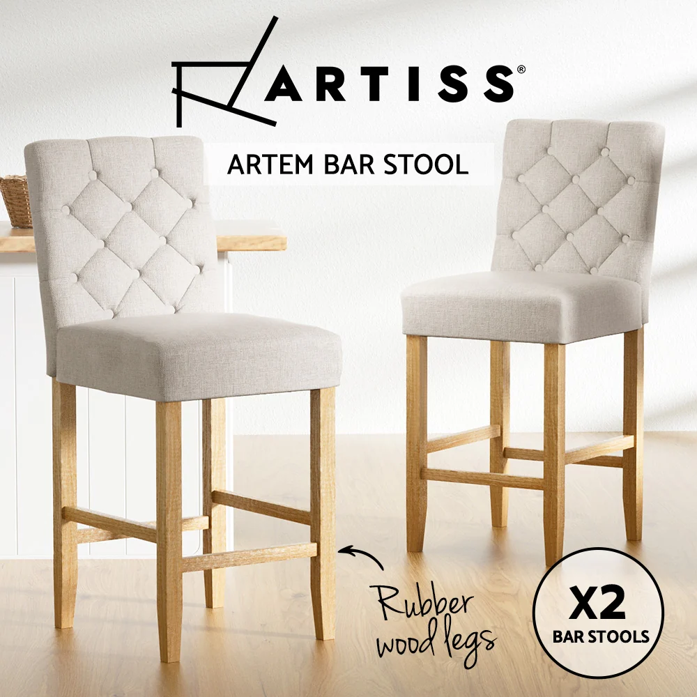 Set of 2 Khiva Bar Stools Kitchen Stool Wooden Linen Upholstered - Beige - Nurns