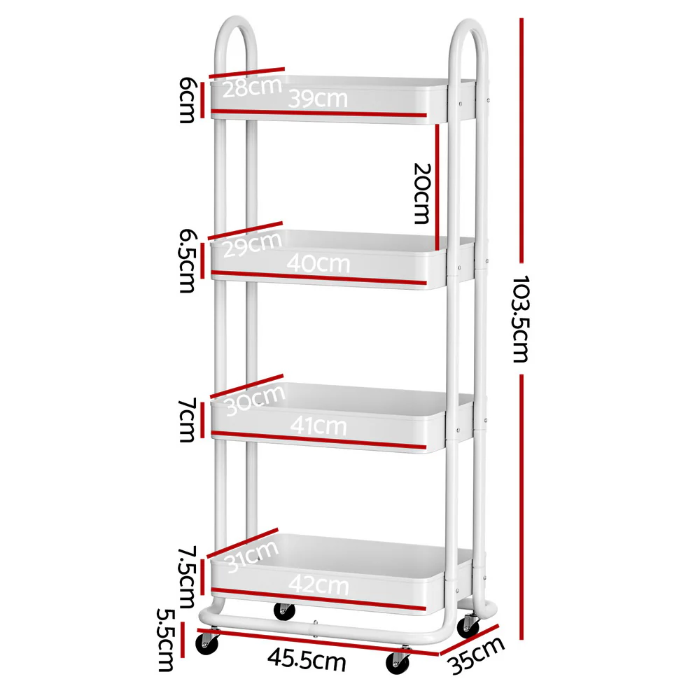 Storage Trolley Kitchen Cart 4 Tiers - White - Nurns