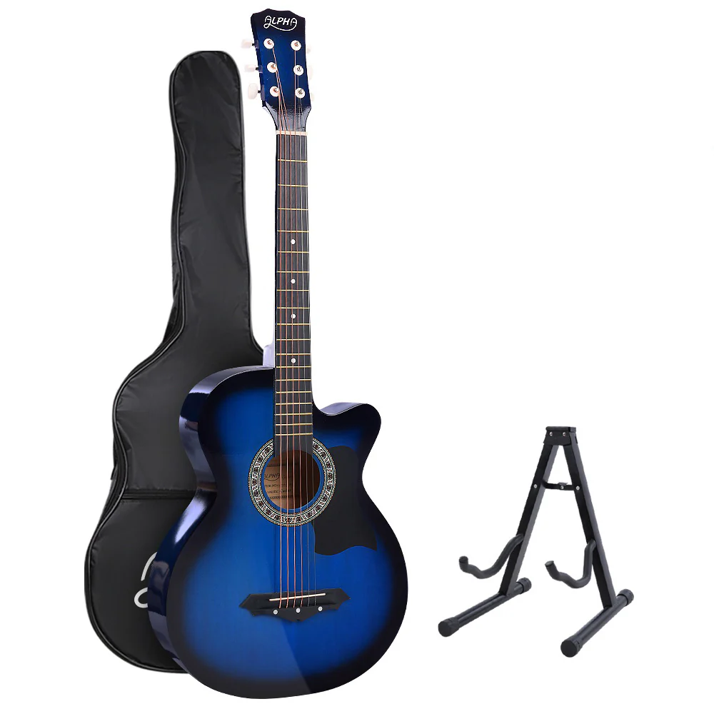 Alpha 38 Inch Acoustic Guitar Wooden Body Steel String Full Size w/ Stand Blue - Nurns