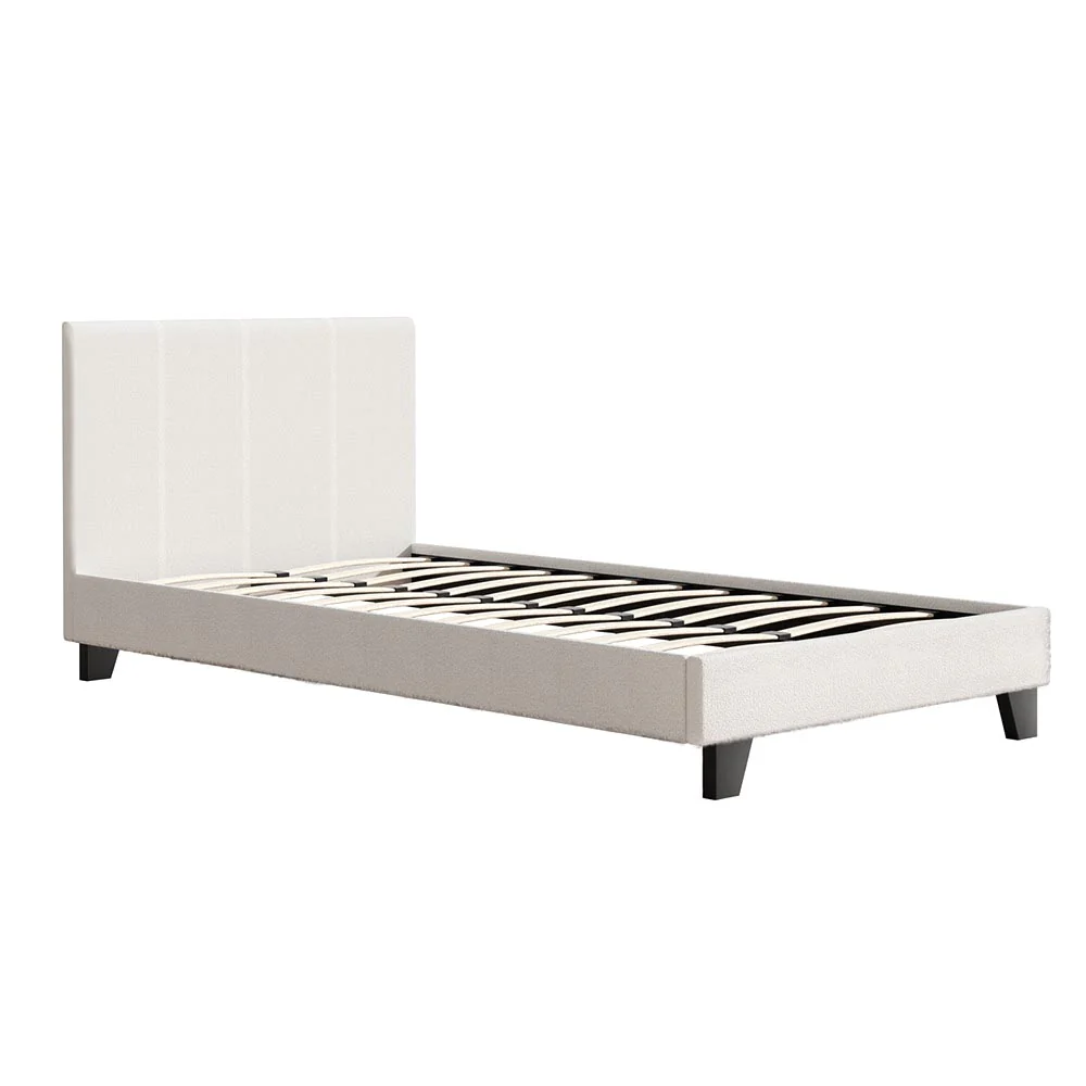 Sean Bed Frame Fabric Bouclé Platform Wooden - White King Single - Nurns