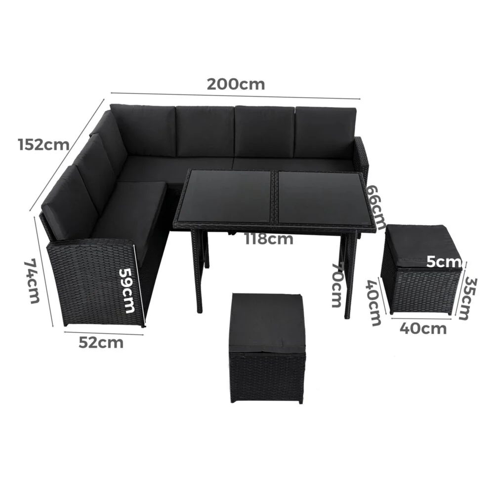 Jules 8-Seater Modular Garden Lounge with Table and Stools 6-Piece Dining Set - Black - Nurns