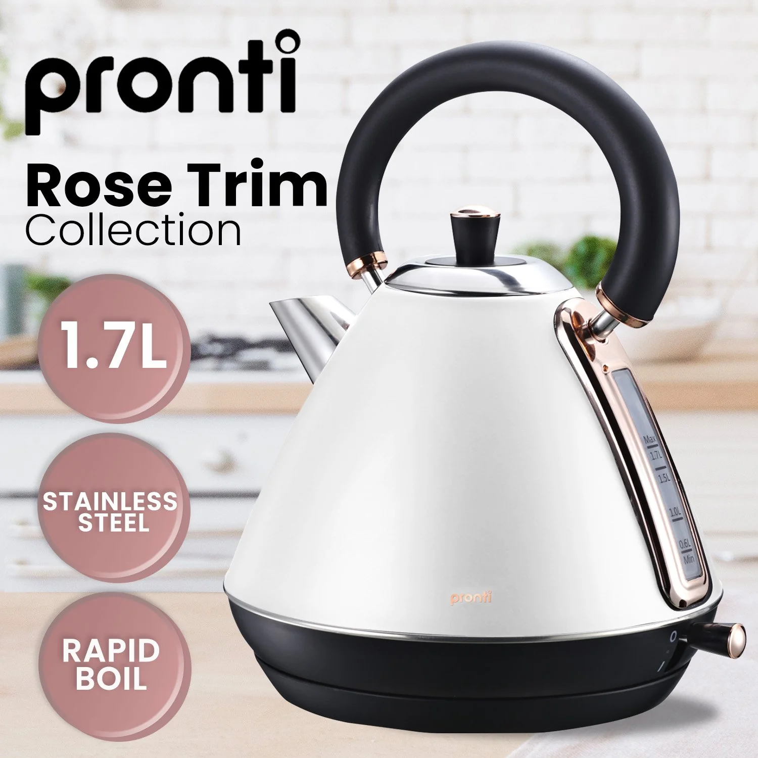 Pronti 1.7l Rose Trim Collection Kettle - White - Nurns
