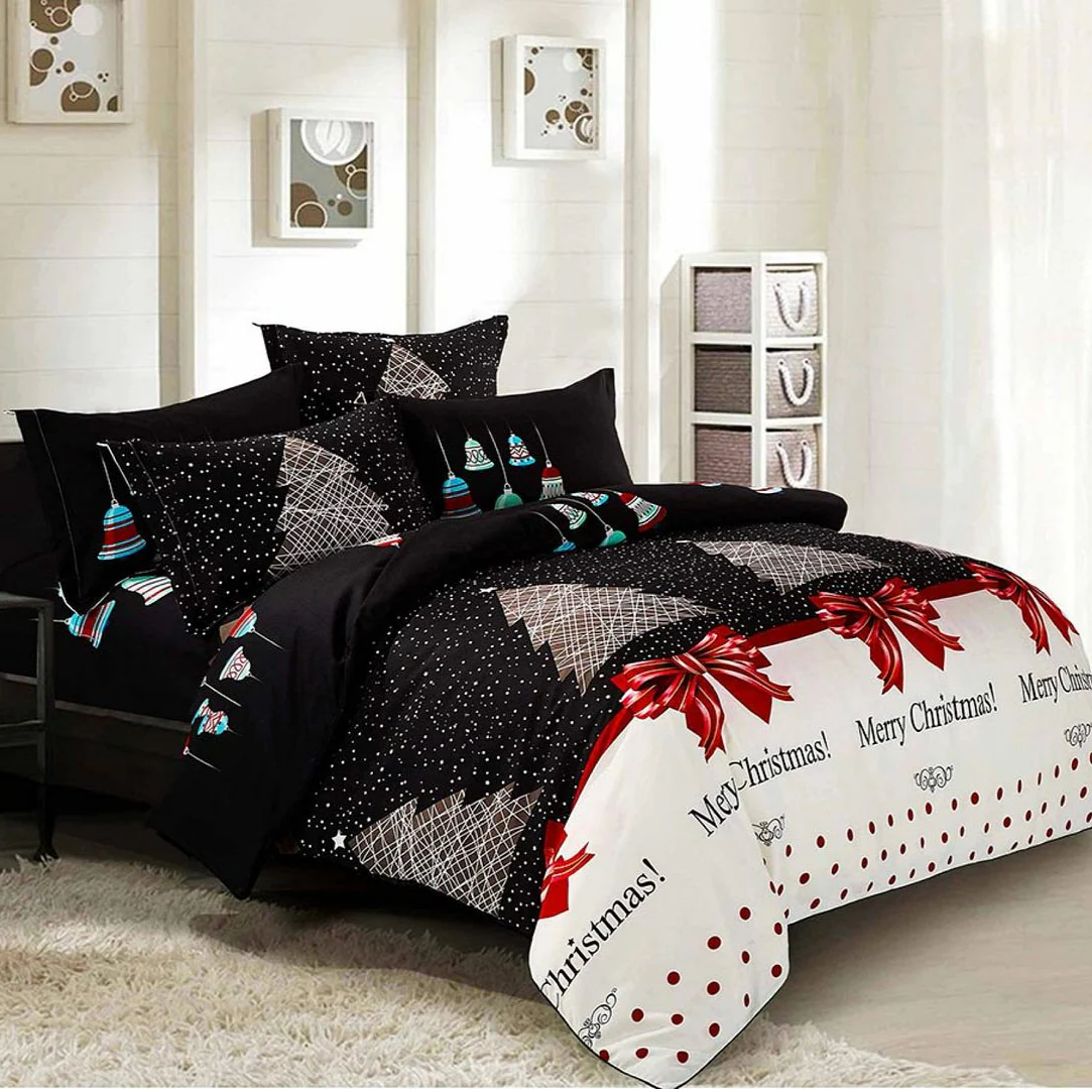 QUEEN 3-Piece Christmas Quilt Duvet Cover Set - Black - Nurns
