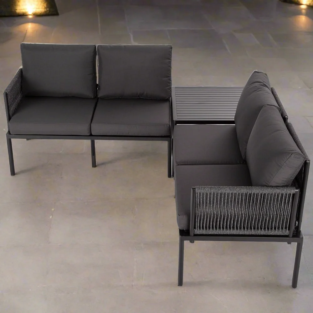 Cosmo 4-Seater with Coffee Table Stylish Textile and Rope Design 3-Piece Outdoor Lounge Set - Black - Nurns