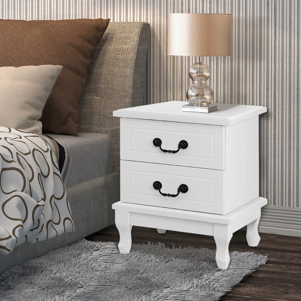 Sherbrooke Wooden Bedside Tables Side Table French Nightstand Storage Cabinet with 2 Drawers - White - Nurns