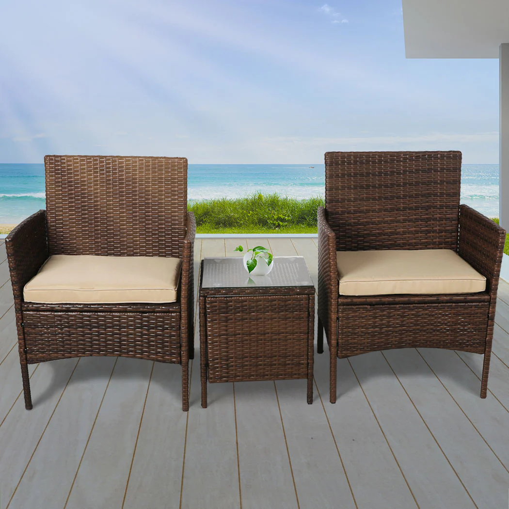 Rhyse 2-Seater Furniture Patio Garden Chair Table Rattan Wicker Cushion Seat 3-Piece Outdoor Setting - Brown - Nurns