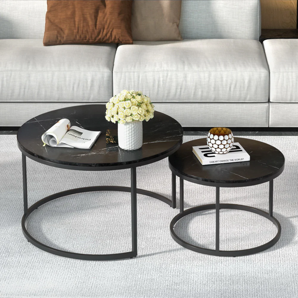 Iphiclus Set of 2 Coffee Table Nesting Marble Effect - Black - Nurns