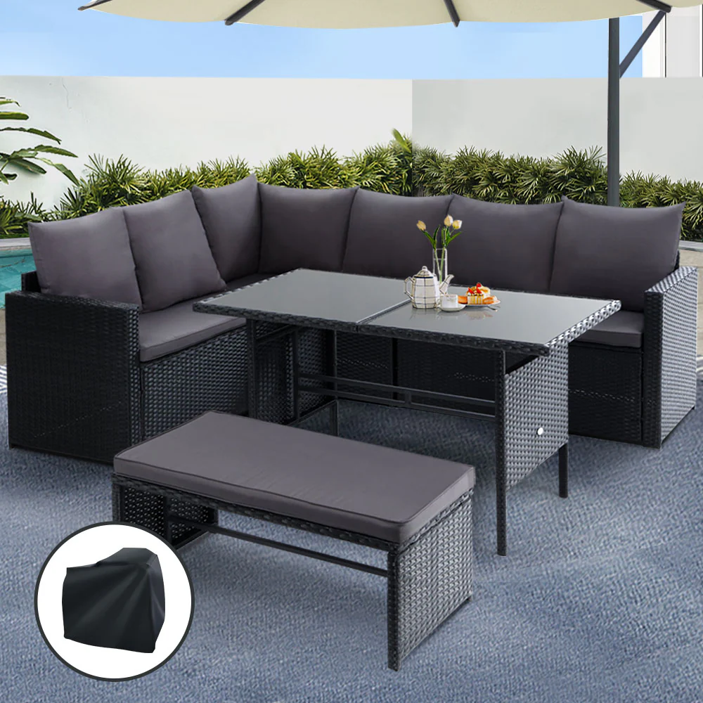 Morgan 8-Seater Furniture Dining Wicker 5-Piece Outdoor Sofa with Storage Cover - Black - Nurns