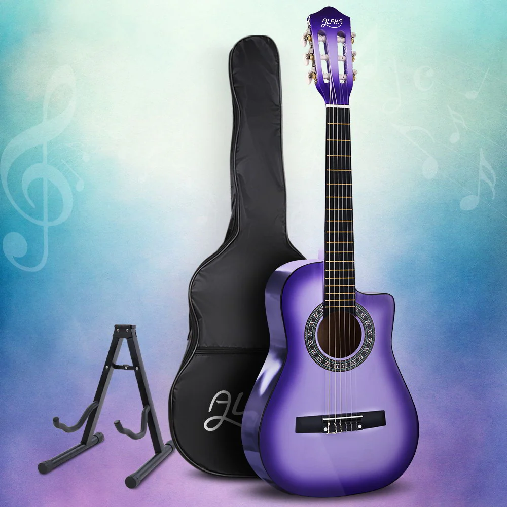 Alpha 34 Inch Classical Guitar Wooden Body Nylon String w/ Stand Beginner Purple - Nurns