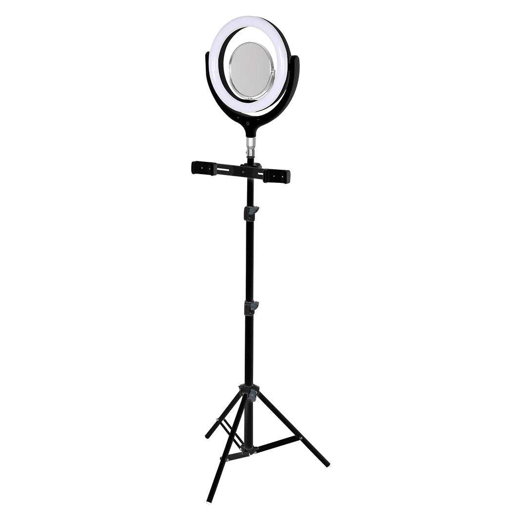 LED Ring Light with Tripod Stand Phone Holder Dimmable Studio Lamp Makeup Mirror Black - Nurns