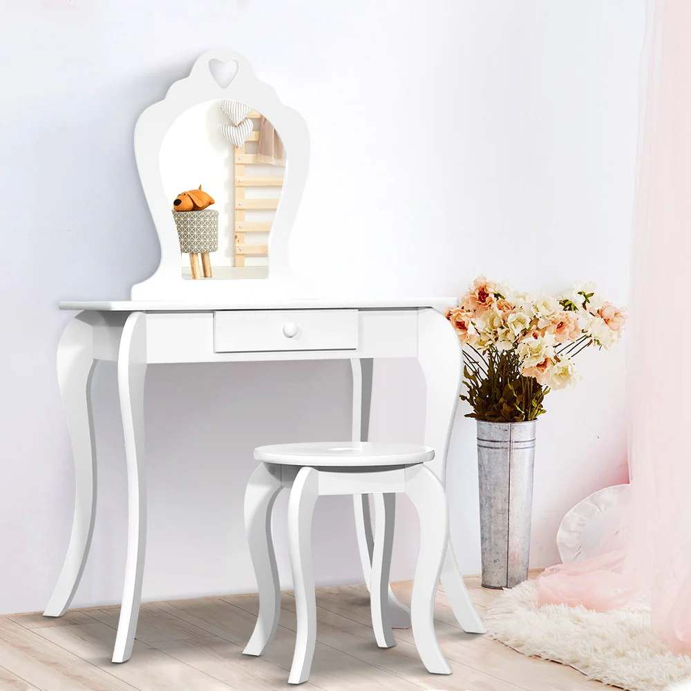 Kids Dressing Table Stool Set Vanity Mirror Princess Children Makeup White - Nurns
