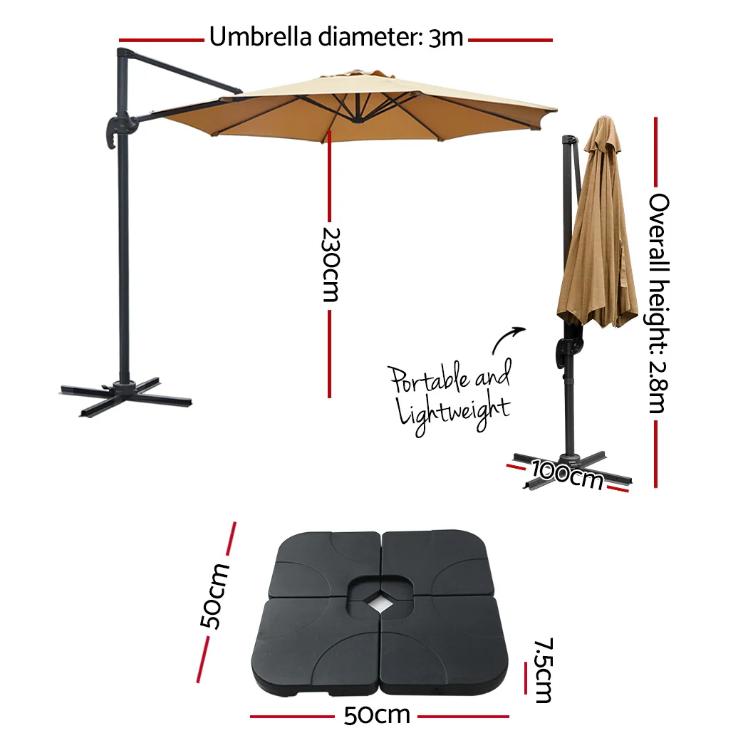 Instahut 3m Outdoor Umbrella w/Base Cantilever Beach Roma 360 Degree Tilt Beige - Nurns