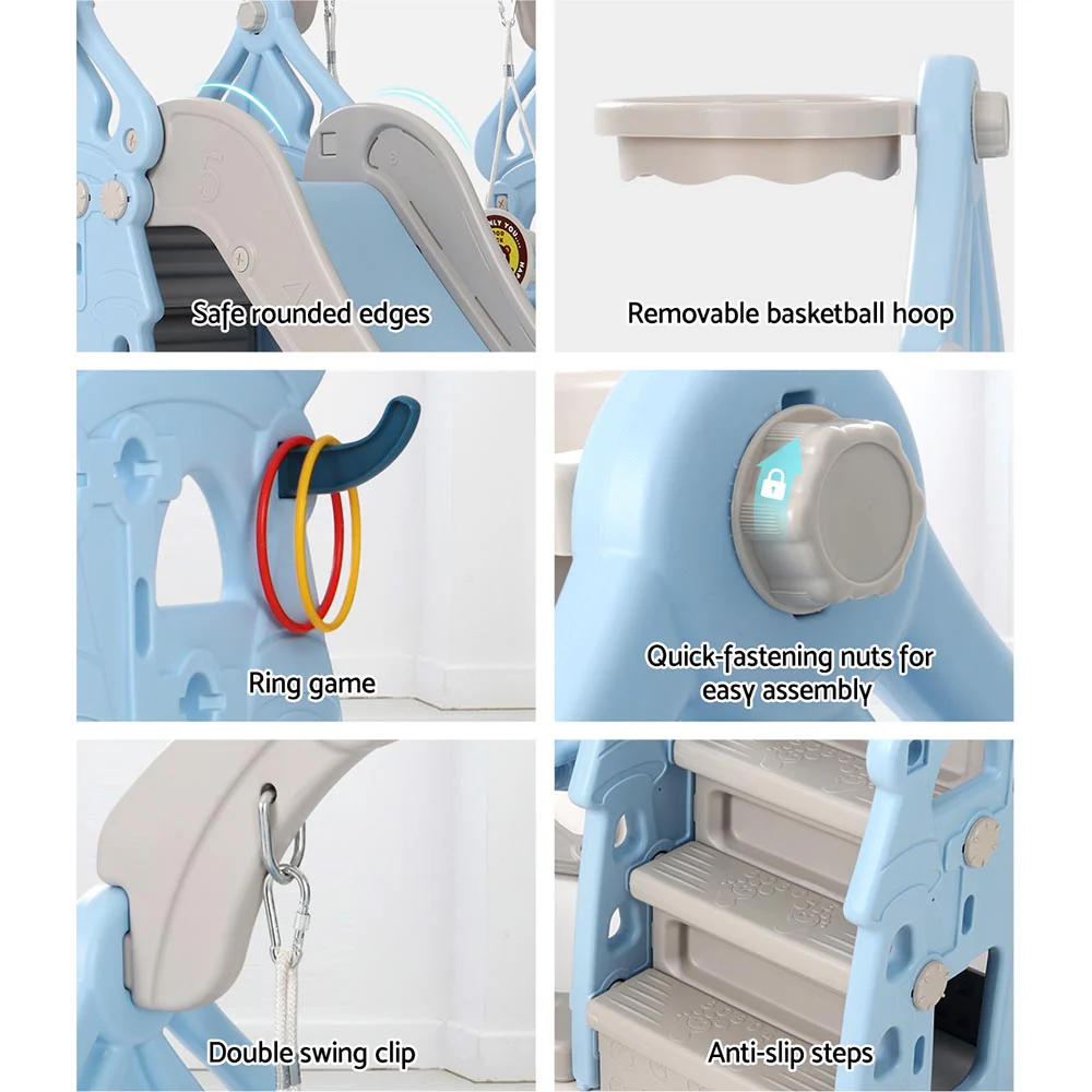 Kids 170cm Slide and Swing Set Playground Basketball Outdoor Blue - Nurns