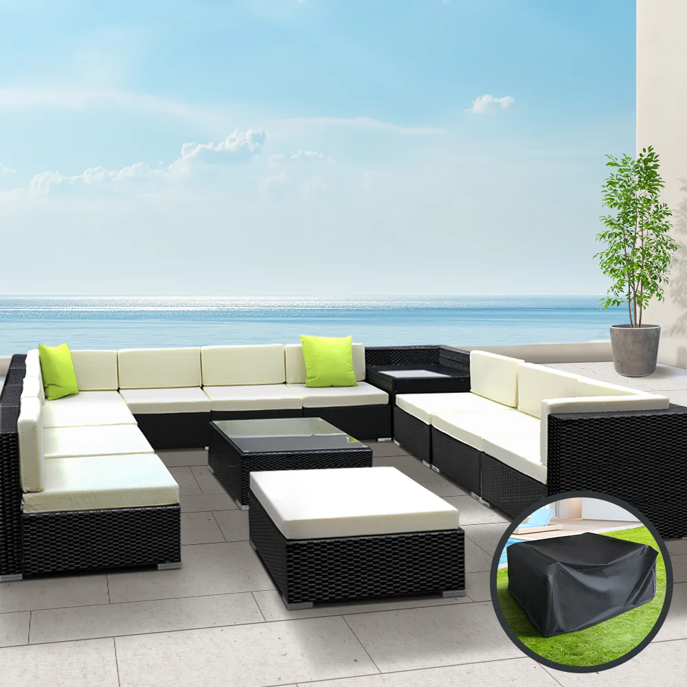 Chester 12-Seater Outdoor Set Furniture Wicker 13-Piece Sofa with Storage Cover - Black - Nurns