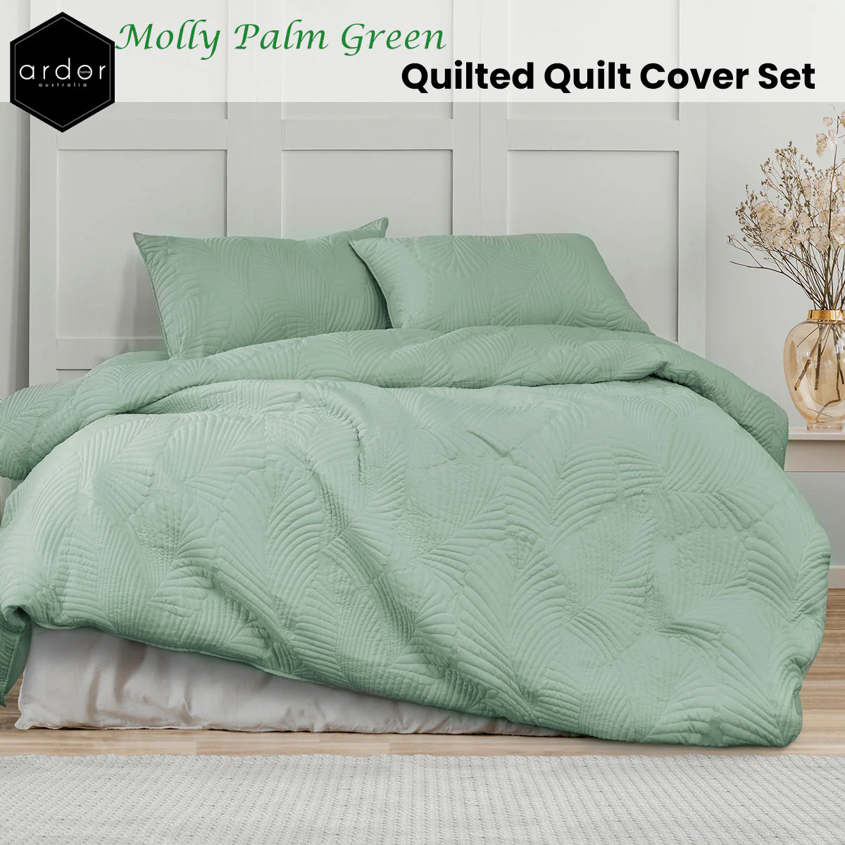 KING Quilted Quilt Cover Set - Palm Green - Nurns