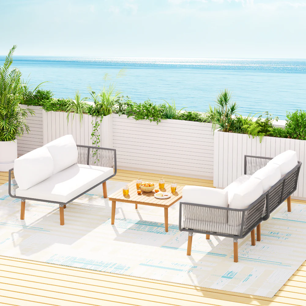 Gibson 5-Seater Modular Aluminium Wooden 4-Piece Outdoor Sofa - White - Nurns