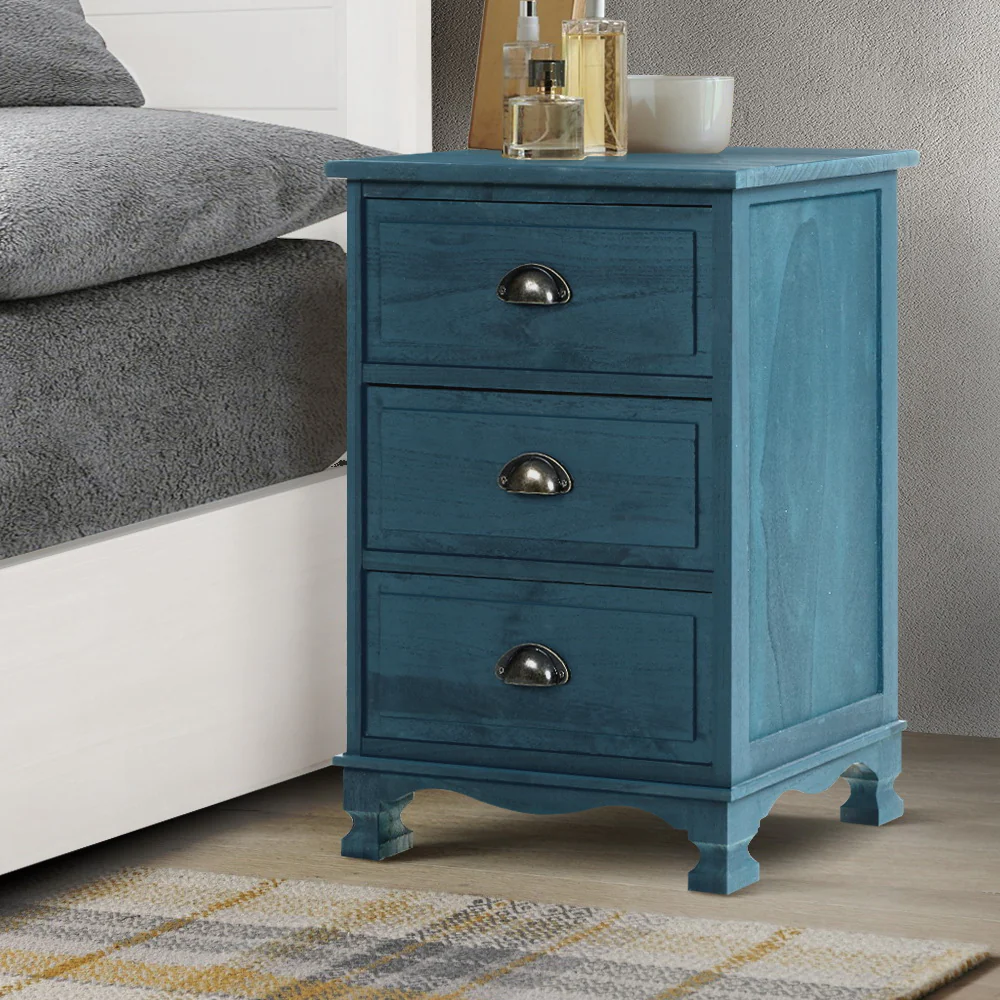 Gander Wooden Vintage Bedside Tables Side Table Cabinet Vintage Storage Nightstand with 3 Drawers - Blue - Nurns