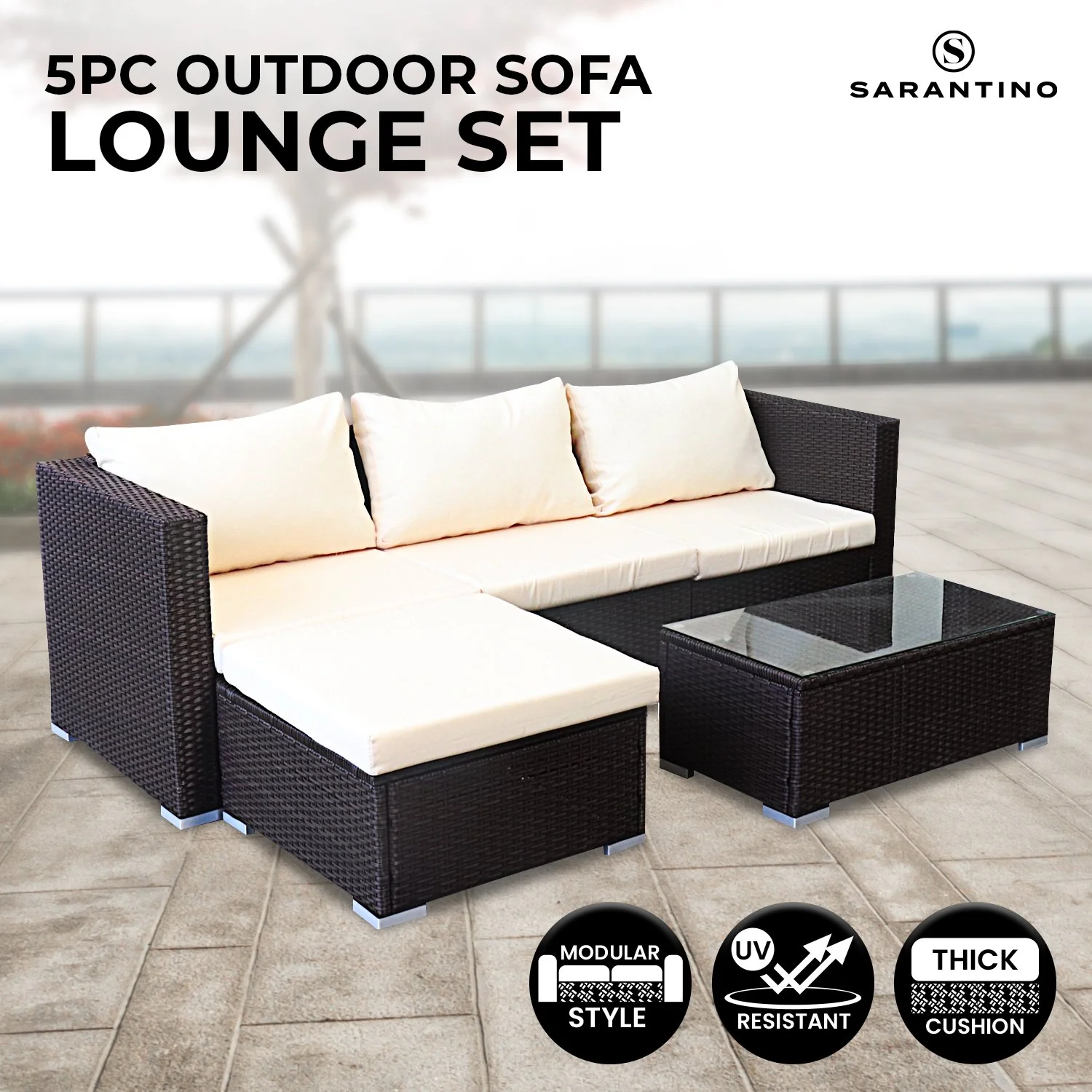 Sonny 4-Seater Modular Lounge Set PE Rattan 5-Piece Outdoor Sofa - Brown - Nurns