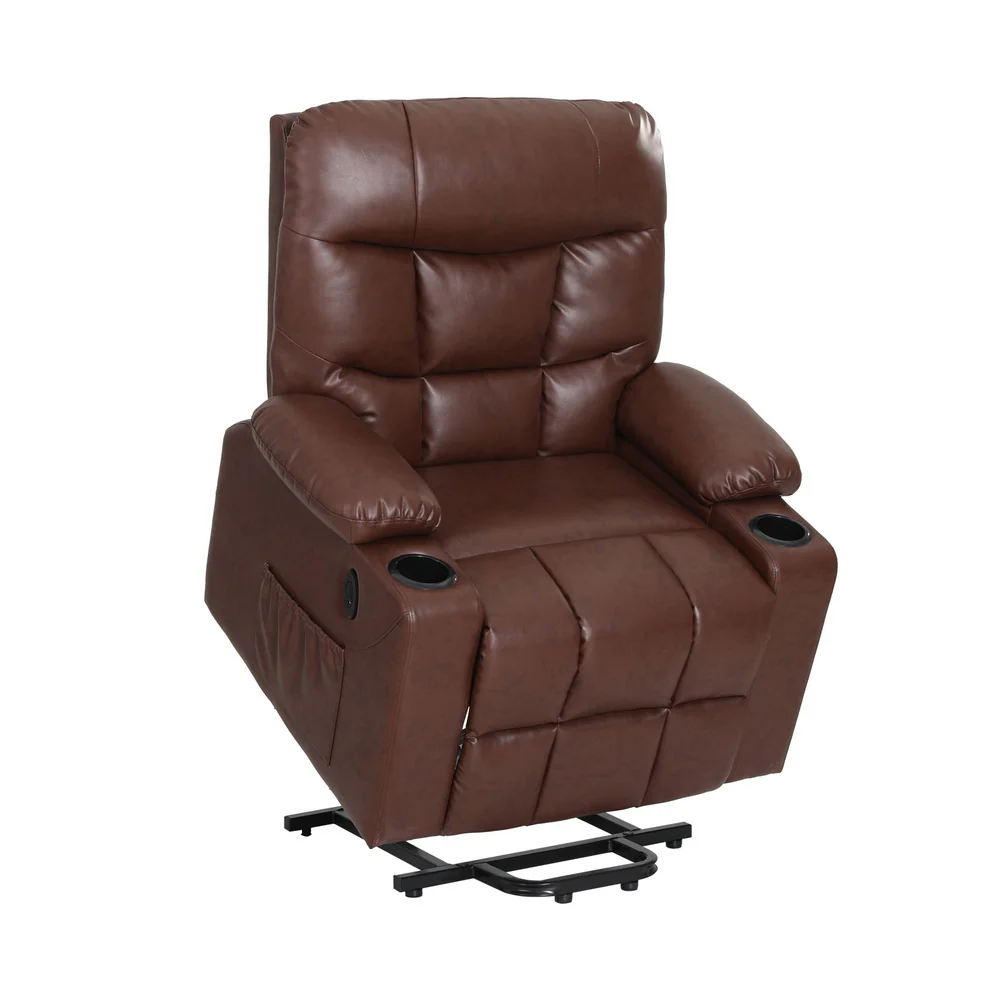 Chiron Recliner Chair Lift Assist Heated Massage Chair Leather - Brown - Nurns