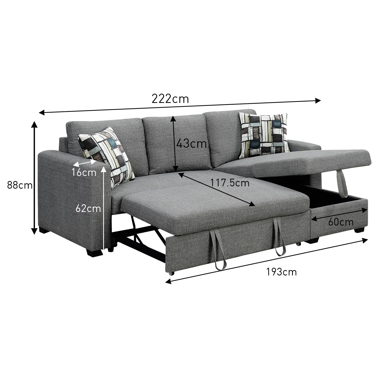 Meshi 3-Seater Pullout Sofa Bed with Storage Chaise Lounge - Grey - Nurns