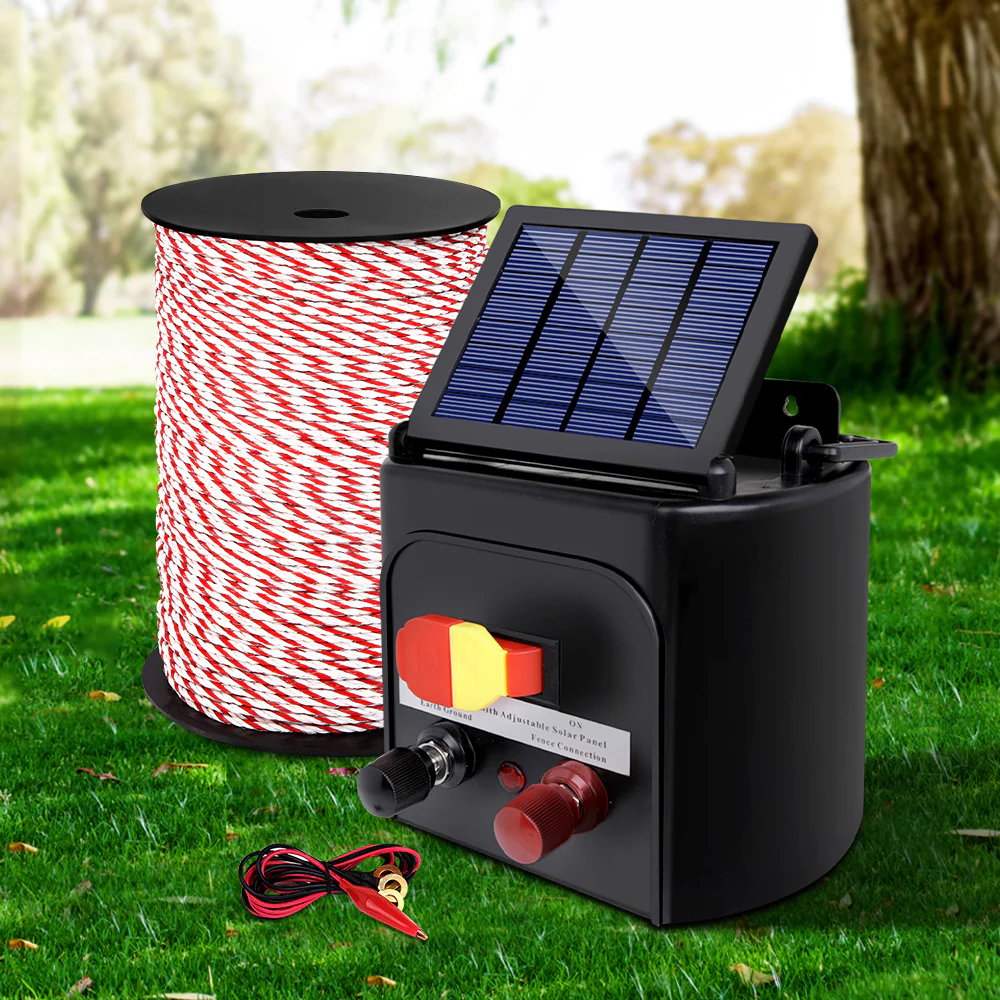 Electric Fence Energiser 5km Solar Powered Charger + 500m Rope - Nurns