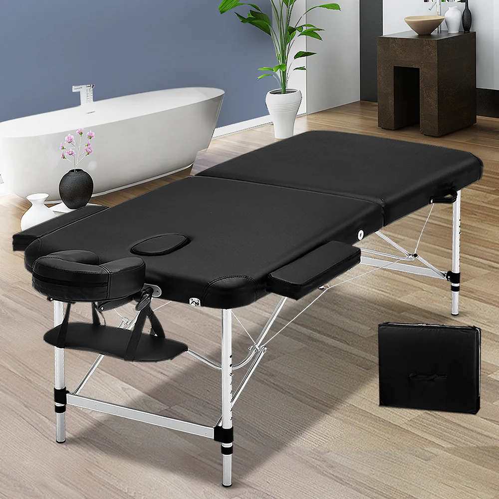 Massage Table 70cm 2 Fold Aluminium Massage Bed Portable Beauty Therapy Black - Nurns