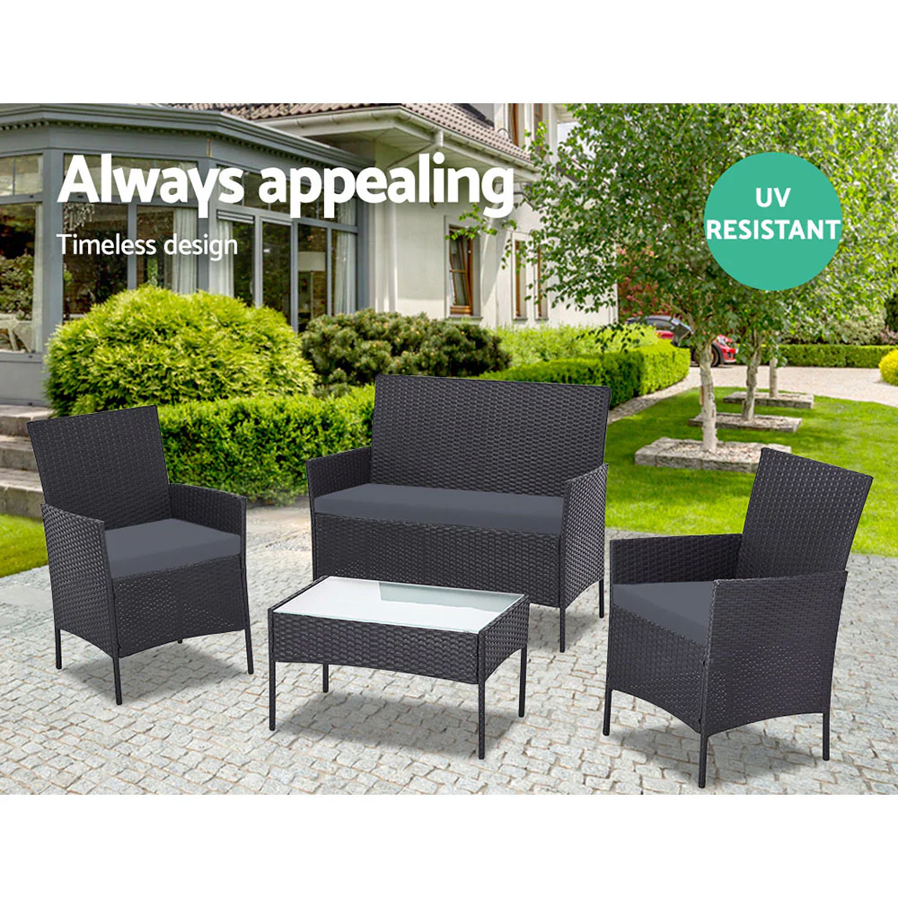 Slough 4-Seater Rattan Chair Table Setting Garden Furniture 4-Piece Outdoor Sofa Set - Black - Nurns