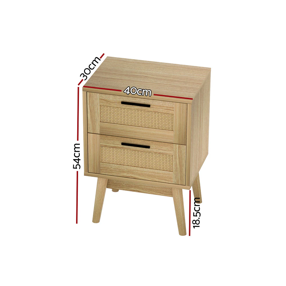 Simcoe Wood Rattan Bedside Tables Rattan Side Table Nightstand Storage Cabinet with 2 Drawers - Wood - Nurns