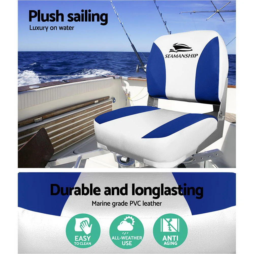 Set of 2 Folding Boat Seats Marine Swivel Low Back 13cm Padding White Blue - Nurns