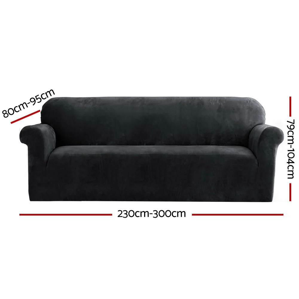 Velvet Sofa Cover Plush Couch Cover Lounge Slipcover 4-Seater Black - Nurns