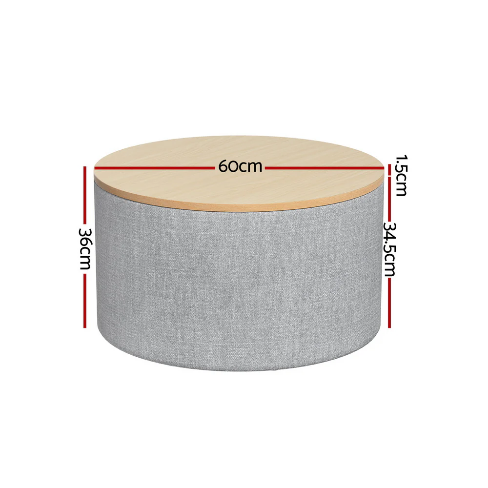 Storage Ottoman Blanket Box 60cm Linen Round - Grey - Nurns