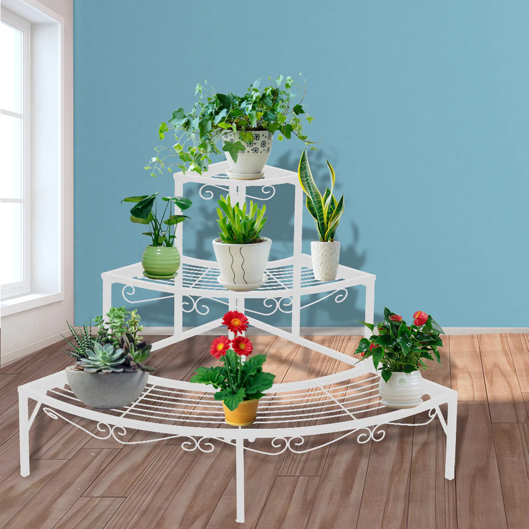 Set of 2 Levede Plant Stand Outdoor Indoor Garden Metal 3 Tier Planter Corner Shelf - Nurns