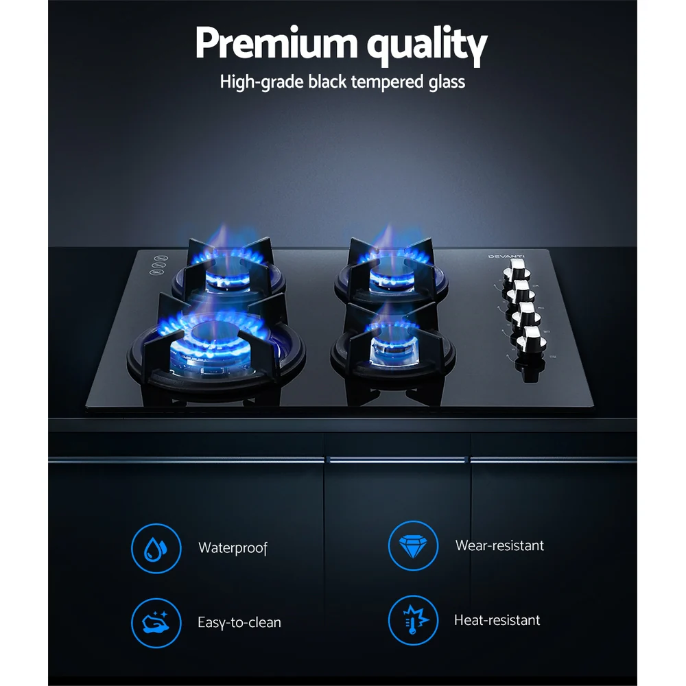 Devanti Gas Cooktop 60cm Stove Hob Black - Nurns