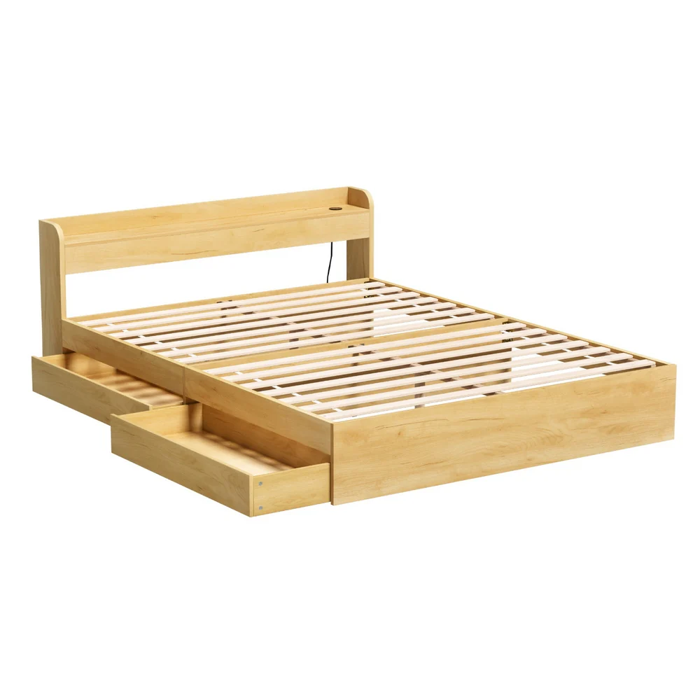 Bari Bed Frame with Charging Ports and 2 Drawers - Wood Queen - Nurns
