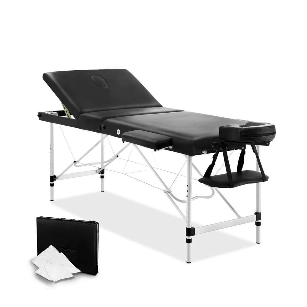 Massage Table 60cm 3 Fold Aluminium Beauty Bed Portable Therapy Waxing Black - Nurns