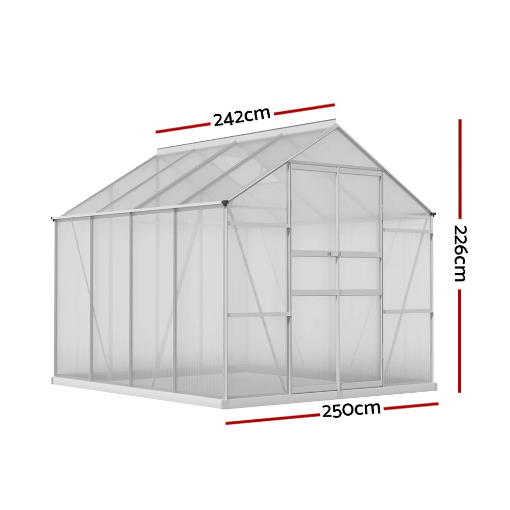 Greenfingers Greenhouse 2.42x2.5x2.26M Aluminium Double Doors Green House Garden Shed - Nurns