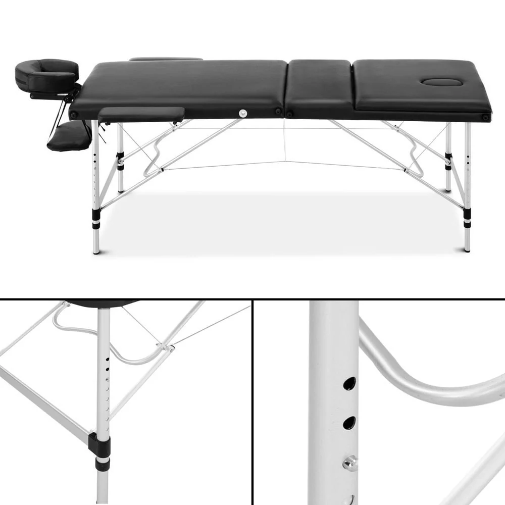Massage Table 60cm 3 Fold Aluminium Beauty Bed Portable Therapy Waxing Black - Nurns