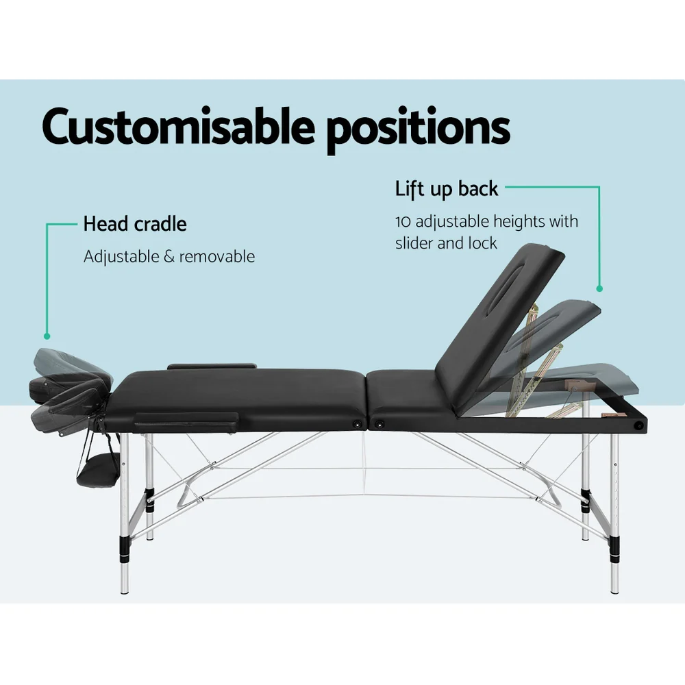 Massage Table 85cm Portable 3 Fold Aluminium Beauty Bed - Black - Nurns