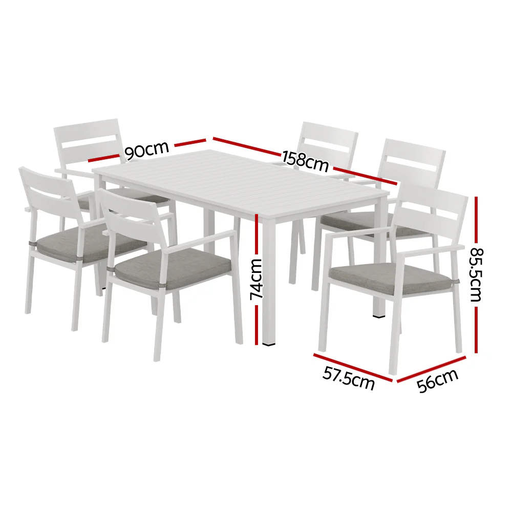Makena 6-Seater Aluminium Table Chairs Lounge Setting 7-Piece Outdoor Dining Set - White - Nurns