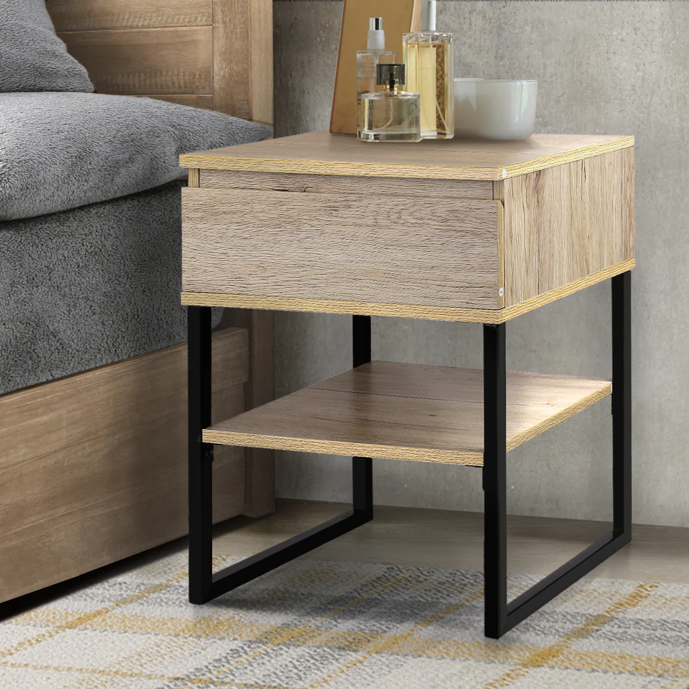 Welland Particle Board & Metal Bedside Tables Chest Style - Natural Wood - Nurns