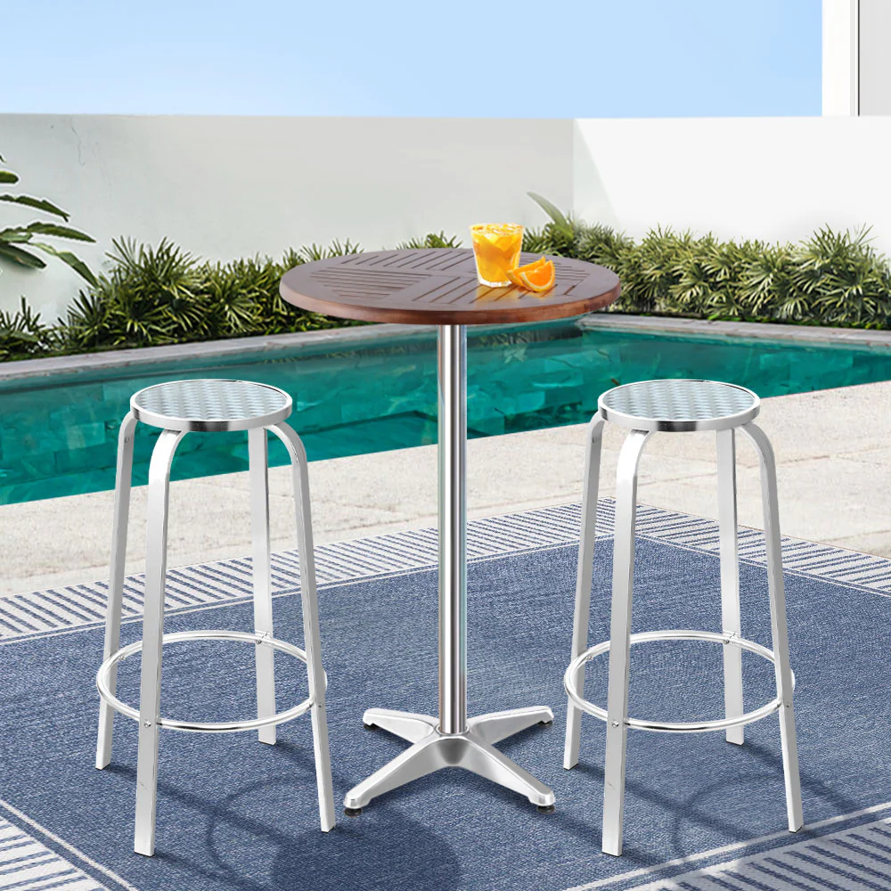 Xander 2-Seater Bar Table Stools Adjustable Aluminium Cafe Square 3-Piece Outdoor Bistro Set - Silver - Nurns