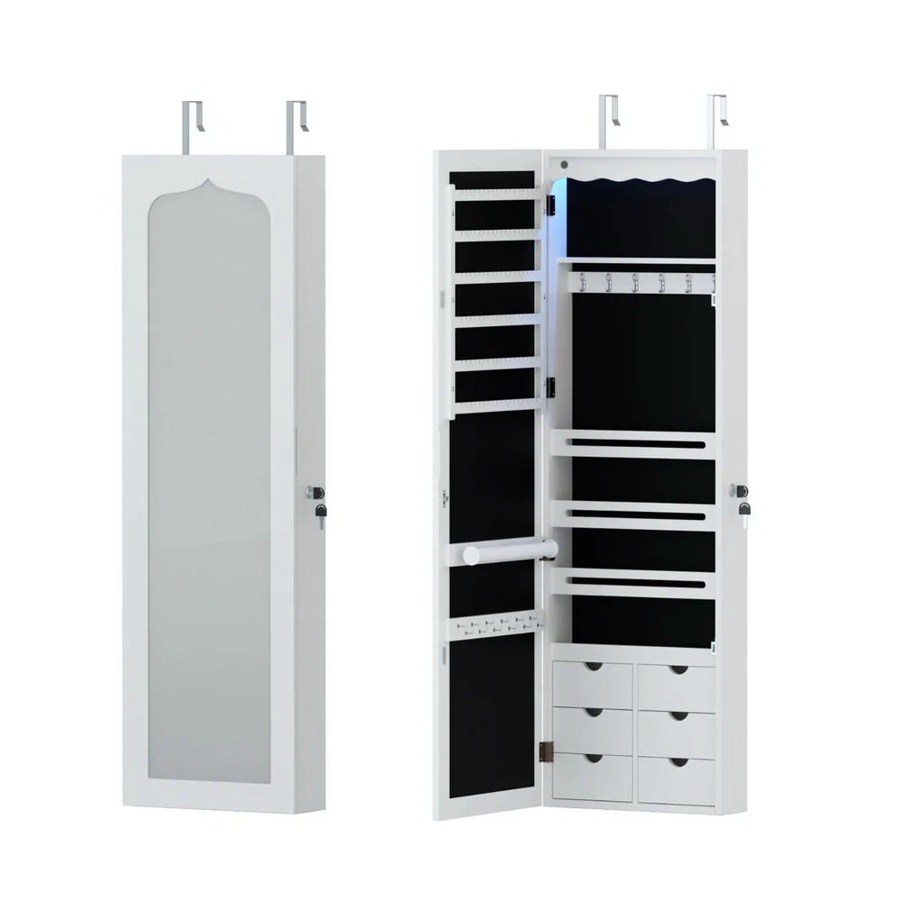 Jewellery Cabinet LED Mirror Lockable - White - Nurns