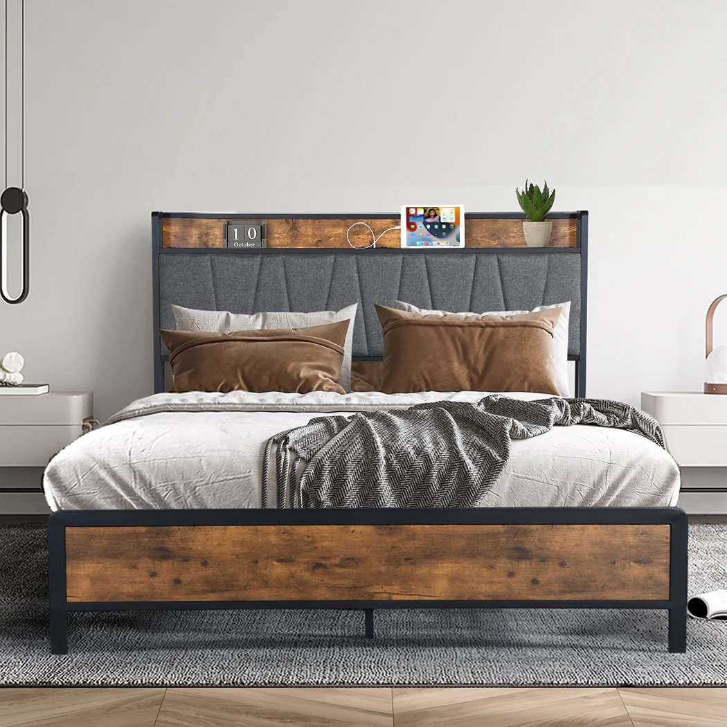 Eras Bed Frame Tufted Headboard USB Charge - Wood & Black Queen - Nurns