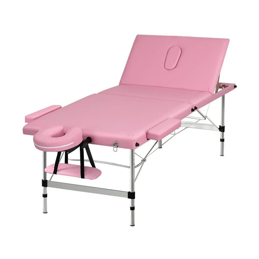 Massage Table 85cm Portable 3 Fold Aluminium Beauty Bed - Pink - Nurns