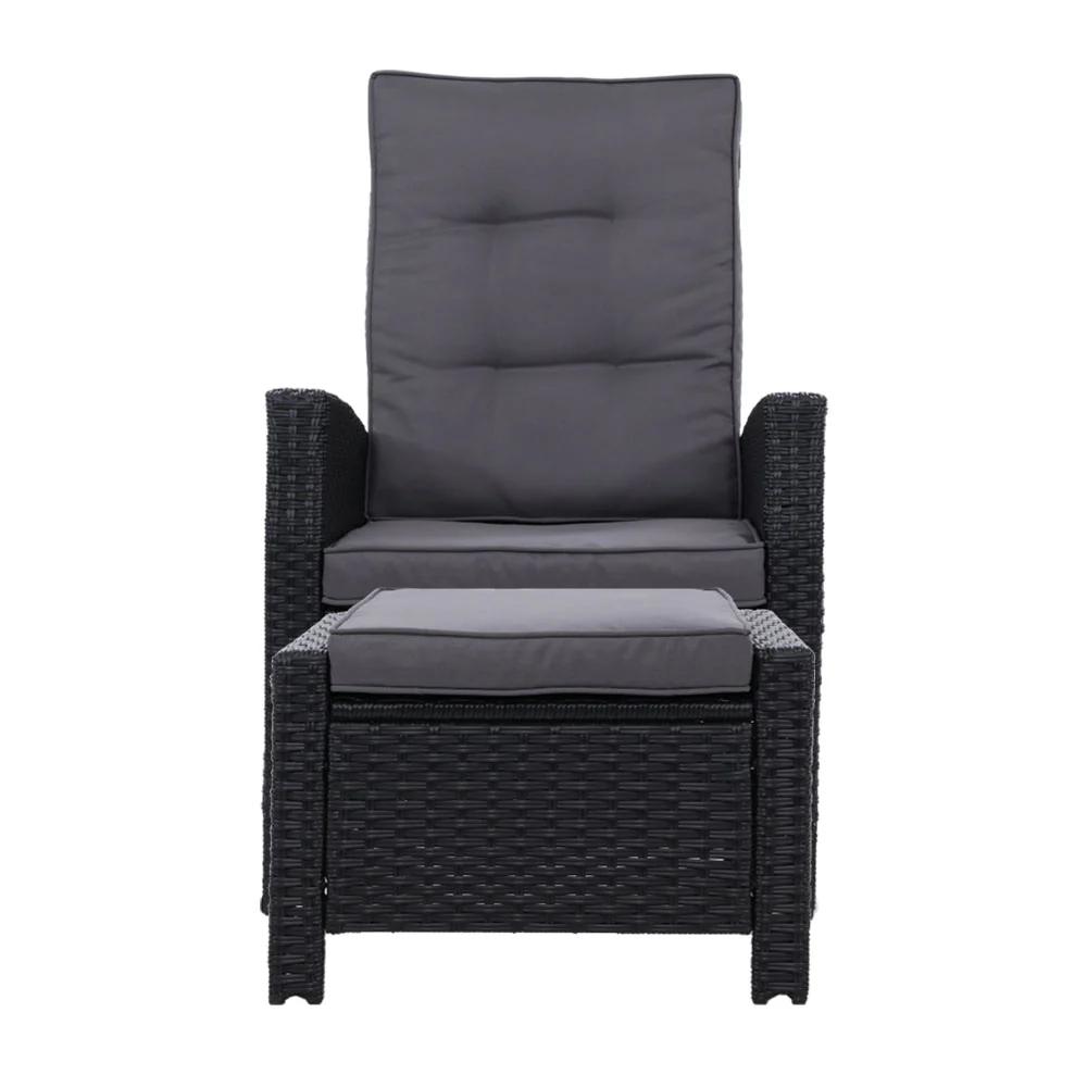 Dursley Set of 2 Recliner Chair Outdoor Furniture Setting Patio Wicker Sofa Chair and Ottoman - Black - Nurns