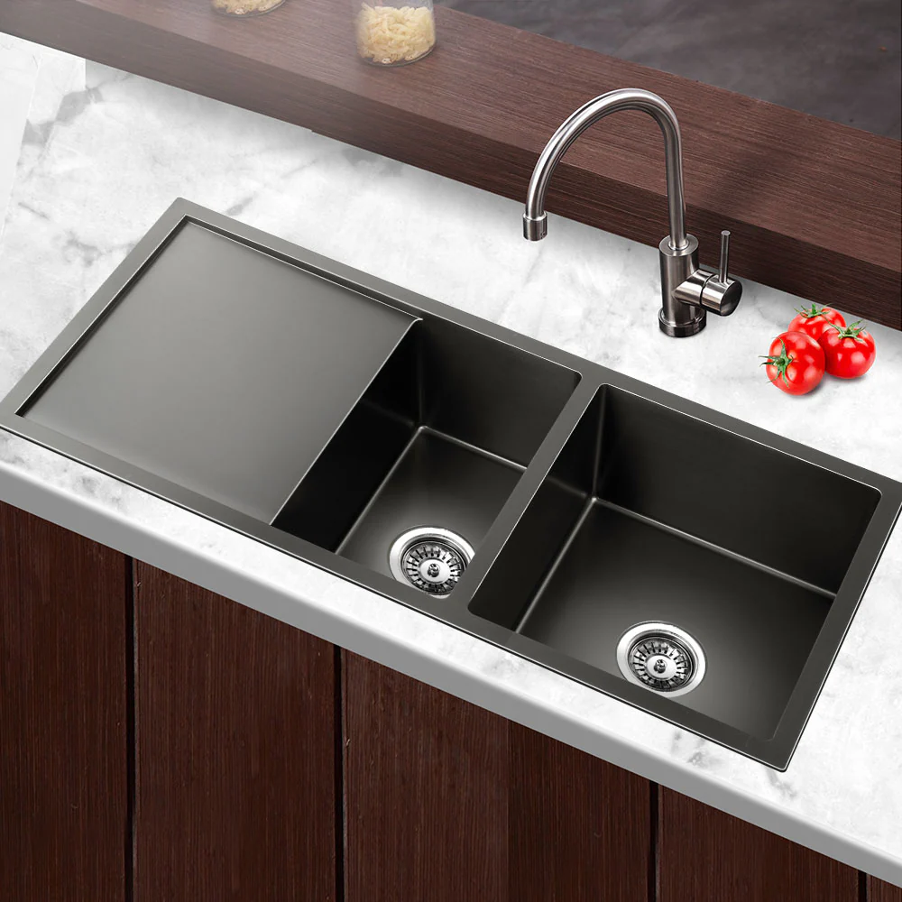 Cefito Kitchen Sink 100X45cm Stainless Steel Basin Double Bowl Black - Nurns