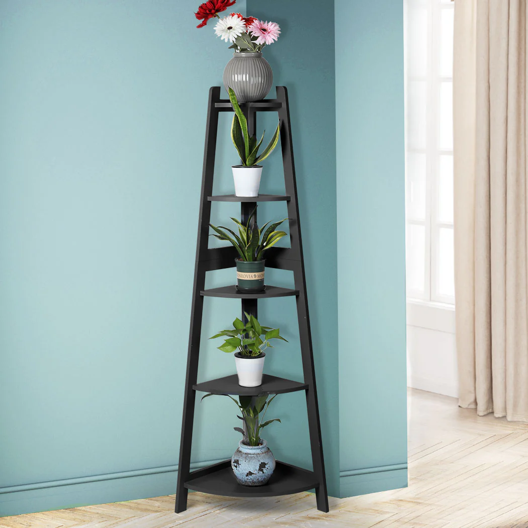 Levede 5 Tier Corner Shelf Wooden Storage Black - Nurns